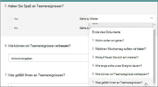 Erstellen von Verzweigungen zu anderen Fragen basierend auf der Antwort auf eine andere Frage