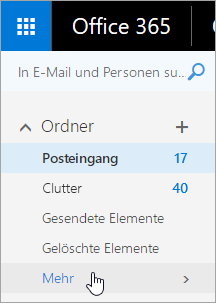 Ein Screenshot, auf dem der Cursor auf die Schaltfläche "Weitere" im Navigationsbereich in Outlook im Web zeigt