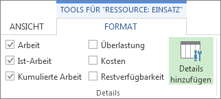 Tools für 'Ressource: Einsatz', Registerkarte 'Format', Schaltfläche 'Einzelheiten hinzufügen'