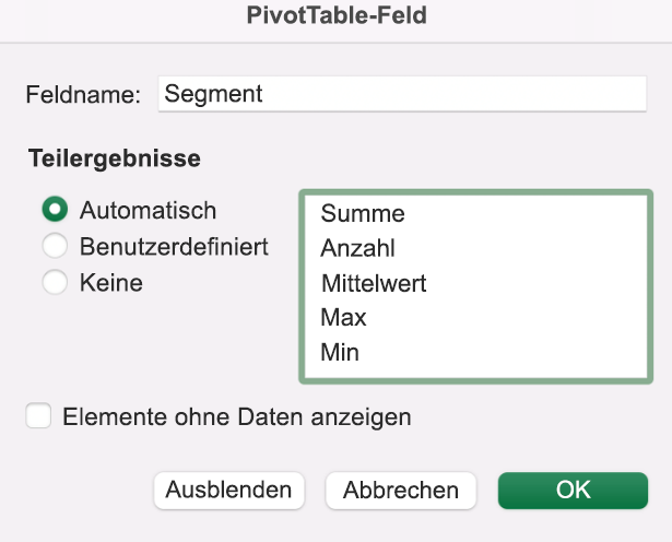 Hinzufügen eines PivotTable-Felds