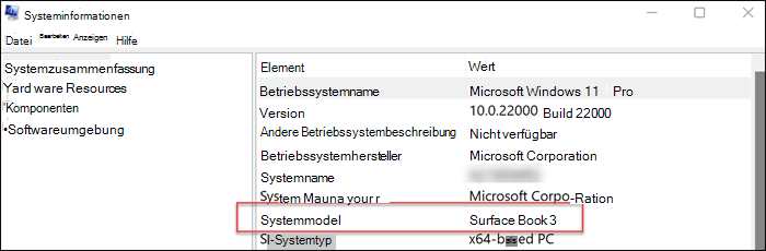 Zeigt Systemmodellinformationen im Bereich auf der rechten Seite an.