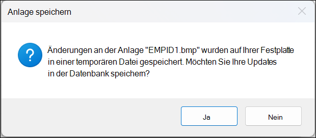 Bestätigungsmeldungsfeld "Anlage speichern" mit den Schaltflächen "Ja" und "Nein".