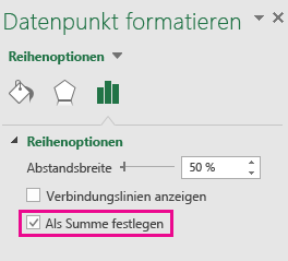 Der Aufgabenbereich "Datenpunkt formatieren" mit aktivierter Option "Als Summe festlegen" in Office 2016 für Windows