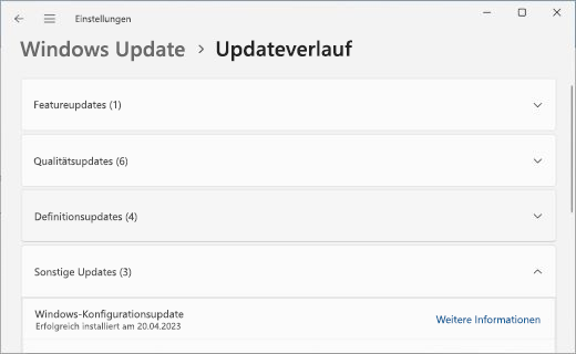 Zeigt die Seite „Updateverlauf“ mit erweitertem Abschnitt „Andere Updates“ an.