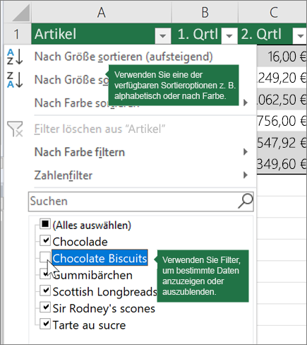 Sortieren oder Anwenden eines Filters auf die Tabelle