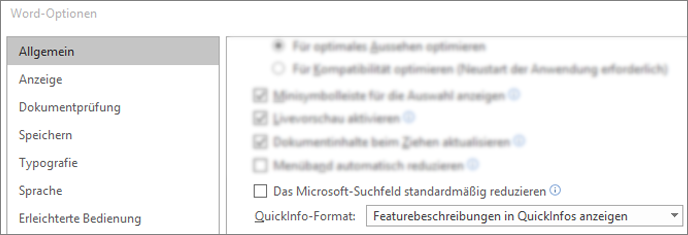 Das Dialogfeld "Datei > Optionen", in dem standardmäßig die Option "Microsoft Search reduzieren" angezeigt wird.