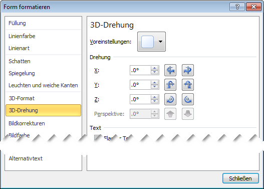 Option "3D-Drehung" im Dialogfeld "Form formatieren"