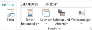 Screenshot der Gruppe "Bausteine" auf der Registerkarte "Einfügen" in Publisher