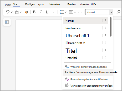 Zeigt das Formatvorlagenmenü in Word für das Web mit hervorgehobener Option "Neue Formatvorlage aus Auswahl erstellen" am ende der Liste an.