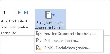 Screenshot der Registerkarte "Sendungen" in Word mit dem Befehl "Fertig stellen und zusammenführen" und den zugehörigen Optionen