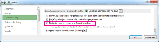 Registerkarte 'Terminplanung' im Dialogfeld 'Project-Optionen'