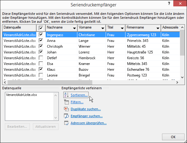 Im Rahmen des Word-Seriendrucks die Ergebnisse der Sortierung einer Empfängerliste.