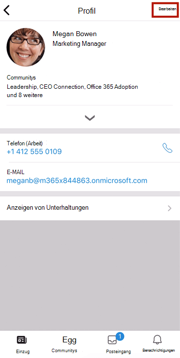 Screenshot eines bearbeiteten Profils in der mobilen Yammer-App