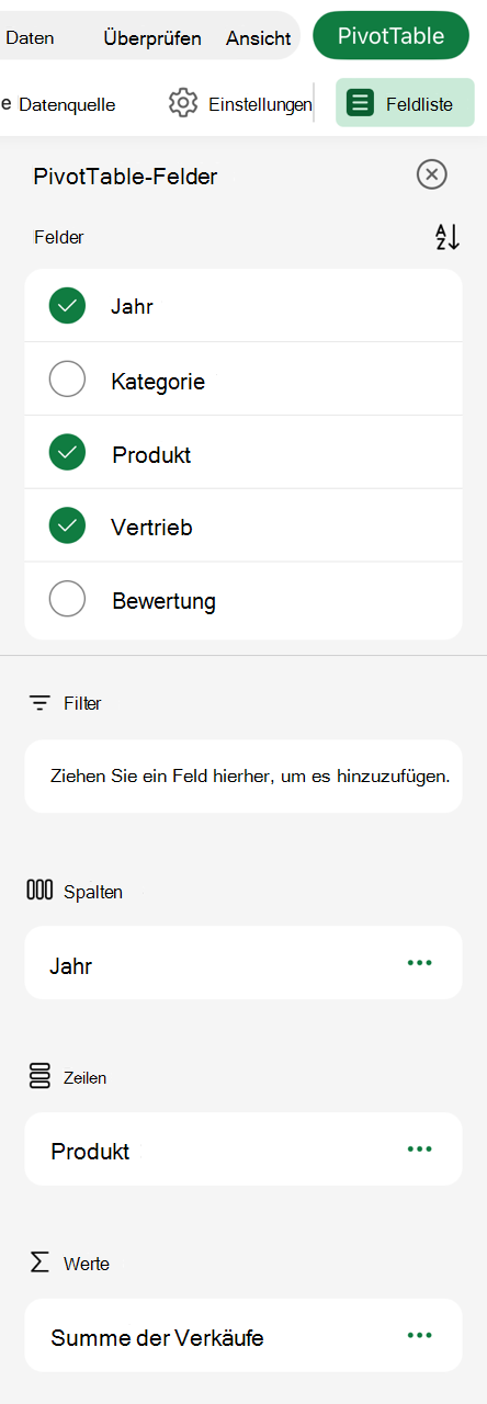 PivotTable auf der iPad-Feldliste