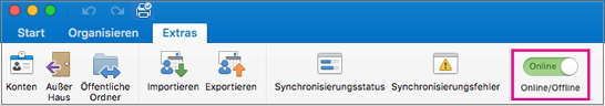 Offline/Online-Schieberegler auf der Registerkarte "Extras"