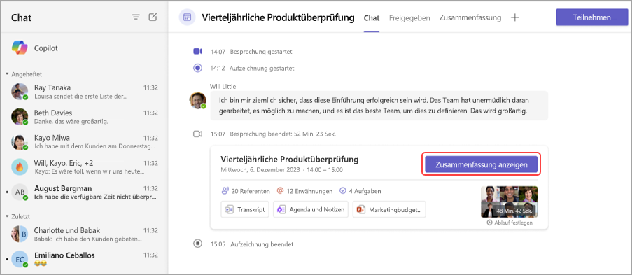 Zeigen Sie eine Besprechungsübersicht aus der Miniaturansicht der Zusammenfassung im Besprechungschat an.