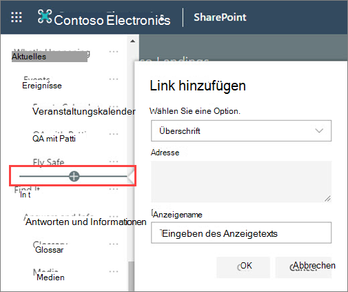 Abbildung des Hinzufügens einer neuen Kopfzeile zur Navigation