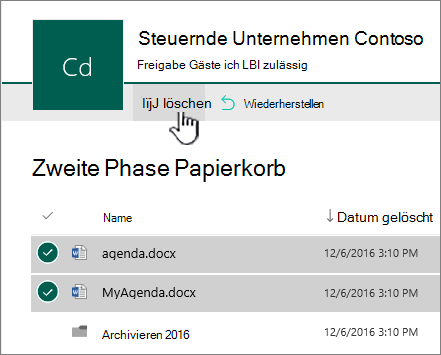 Endgültiger Papierkorb in SharePoint Online mit hervorgehobener Schaltfläche zum Löschen