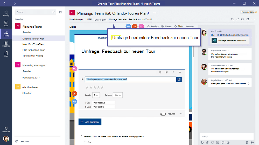 Registerkarte 'Formulare' in Microsoft Teams, auf der ein Formular im Bearbeitungsmodus angezeigt wird