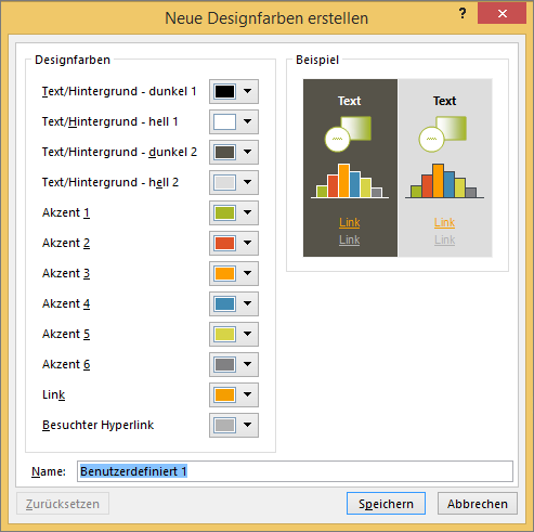 Zeigt das Dialogfeld "Benutzerdefinierte Designfarbe" in PowerPoint