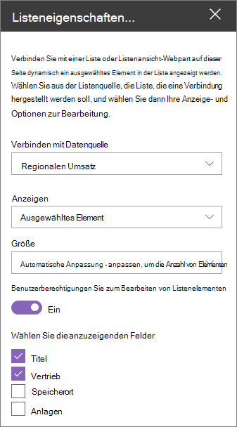 Webpartbereich "Eigenschaften auflisten"