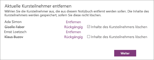 Liste zum Entfernen aktueller Kursteilnehmer mit Namen ausgewählter Kursteilnehmer. Neben dem Namen eines ausgewählten Kursteilnehmers ist ein Kontrollkästchen zum Löschen der Inhalte des Kursteilnehmers aktiviert.