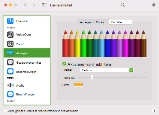 Die Option "Farbfilter", die in den macOS-Einstellungen aktiviert ist.