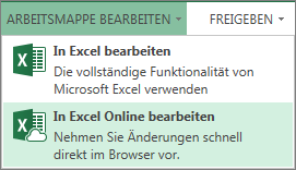 "In Excel Online bearbeiten" im Menü "Arbeitsmappe bearbeiten"