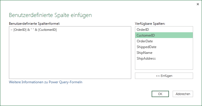 Angeben einer benutzerdefinierten Spaltenformel, um Spaltenwerte zusammenzuführen