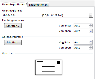 Registerkarte "Umschlagoptionen" zum Festlegen des Umschlagformats und der Schriftarten für die Adressen