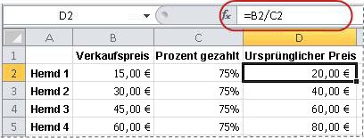 Beispiel für eine Formel zum Berechnen eines Prozentsatzes