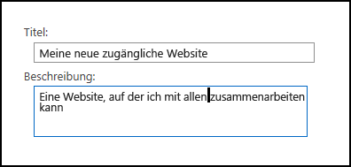 SharePoint Online-Dialogfeld "Titel" ("Neue Website")