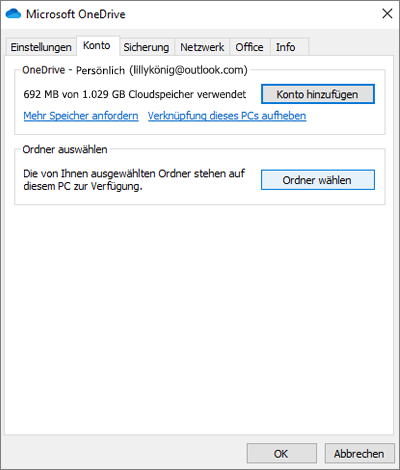 Das OneDrive-Dialogfeld "Konto hinzufügen"