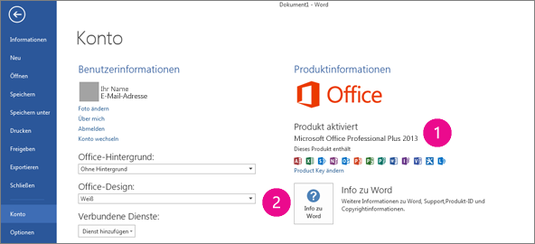 "Datei" > "Konto" in Word 2013