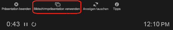 Deaktivieren Sie die Referentenansicht während einer Präsentation, indem Sie oben im Fenster der Referentenansicht "Bildschirmpräsentation verwenden" aktivieren.