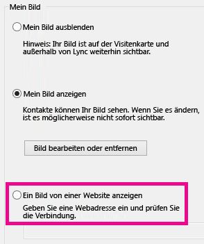 Screenshotausschnitt des Lync-Optionsfensters für „Mein Bild“ mit hervorgehobener Option zum Anzeigen eines Bilds von einer Website