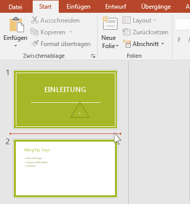 Die rote horizontale Linie gibt an, wo die neuen Folien eingefügt werden.
