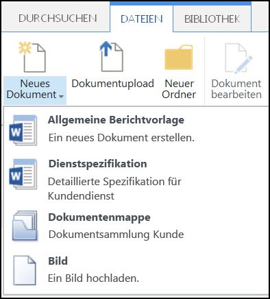 Menü "Neues Dokument" mit angepassten Inhaltstypen in SharePoint