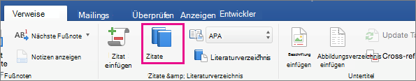 Auf der Registerkarte "Verweise" ist die Schaltfläche "Zitate" hervorgehoben.