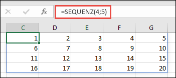 Beispiel für die SEQUENZ-Funktion mit einem 4 x 5-Array