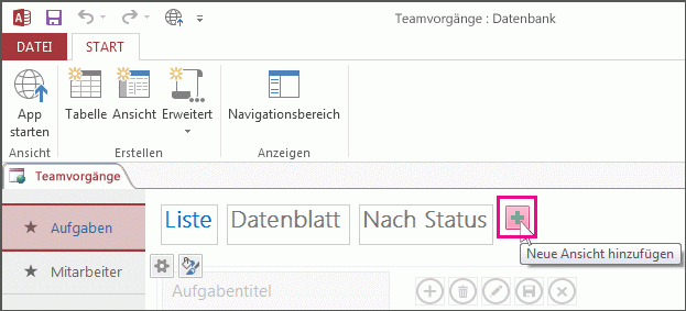 Die Schaltfläche 'Neue Ansicht hinzufügen' in einer Access-App