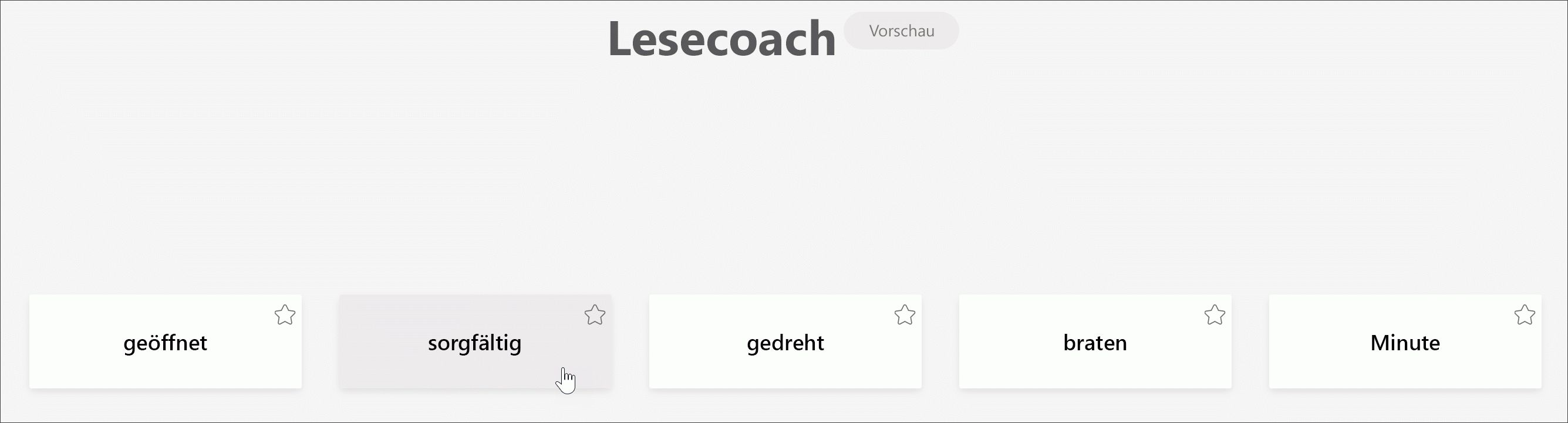 Screenshot der Schüleransicht des Lesecoachs, der die 5 Wörter anzeigt, mit denen ein Schüler am meisten herausgefordert wurde, wobei der Cursor auf das Wort „sorgfältig“ zeigt