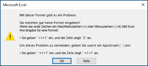 Abbildung des Excel-Dialogfelds "Problem bei dieser Formel"