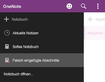 Falsch eingefügte Abschnitte in OneNote für Android