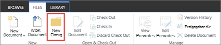 Abbildung des SharePoint-Menübands "Dateien" mit hervorgehobener Schaltfläche "Neuer Ordner".