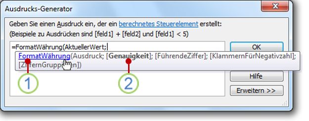 Die QuickInfo-Anzeige für eine Funktion.