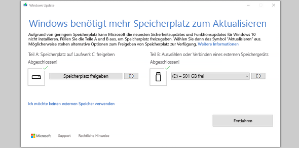 Nachricht „Windows benötigt für Updates mehr Speicherplatz“