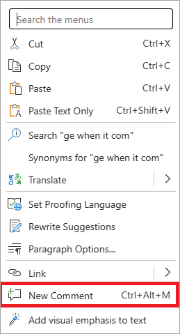Das Kontextmenü "Neuer Kommentar".
