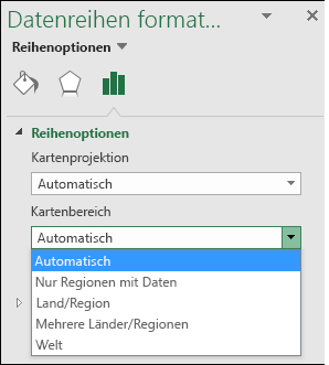 Excel-Kartendiagramm, Optionen im Kartenbereich