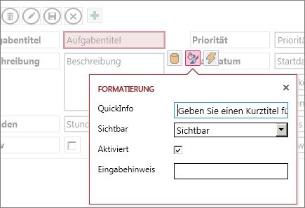 Eine Ansicht im Bearbeitungsmodus mit den Formateinstellungen für ein Textfeld.